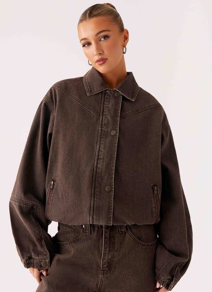 Midwest Washed Denim Bomber Jacket - Light Wash Chocolate